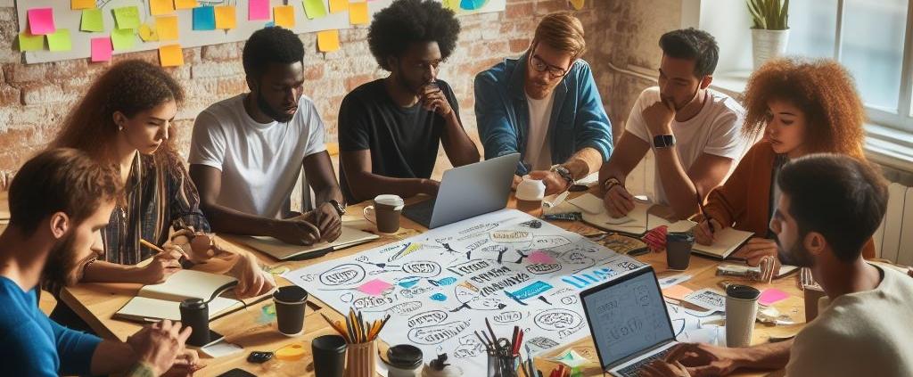 Bild verschiedener Menschen um einen Tisch beim Brainstorming, An der Wand viele bunte Heftnotizen